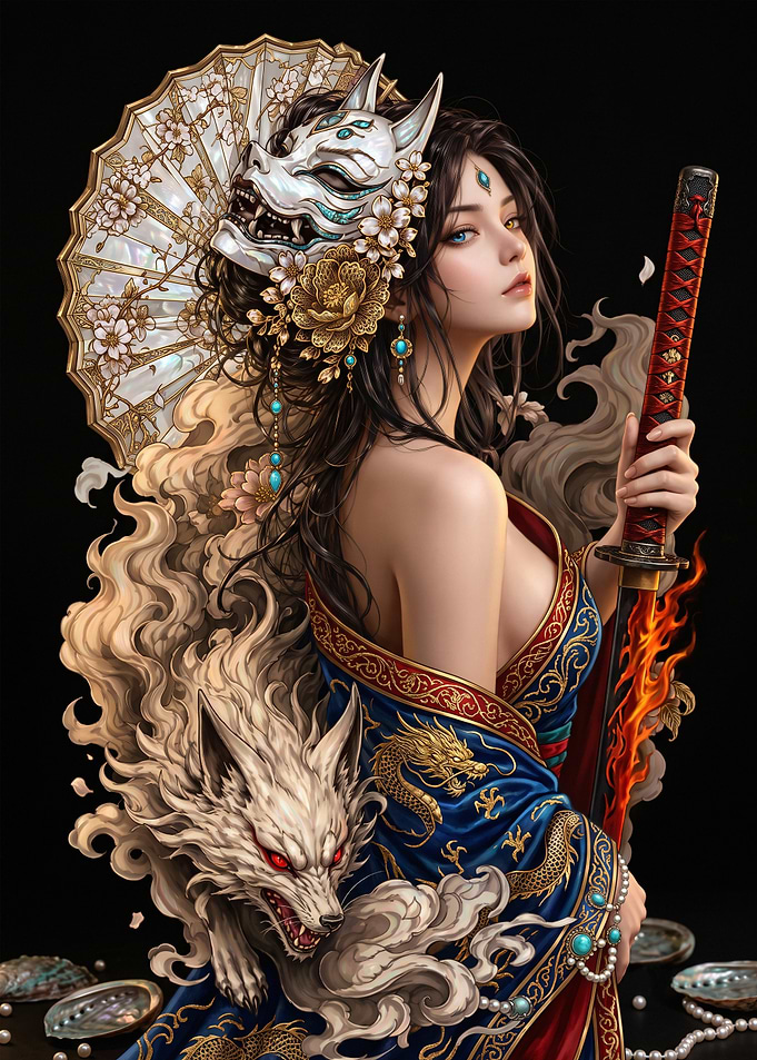 Warrior Woman with Kitsune Mask