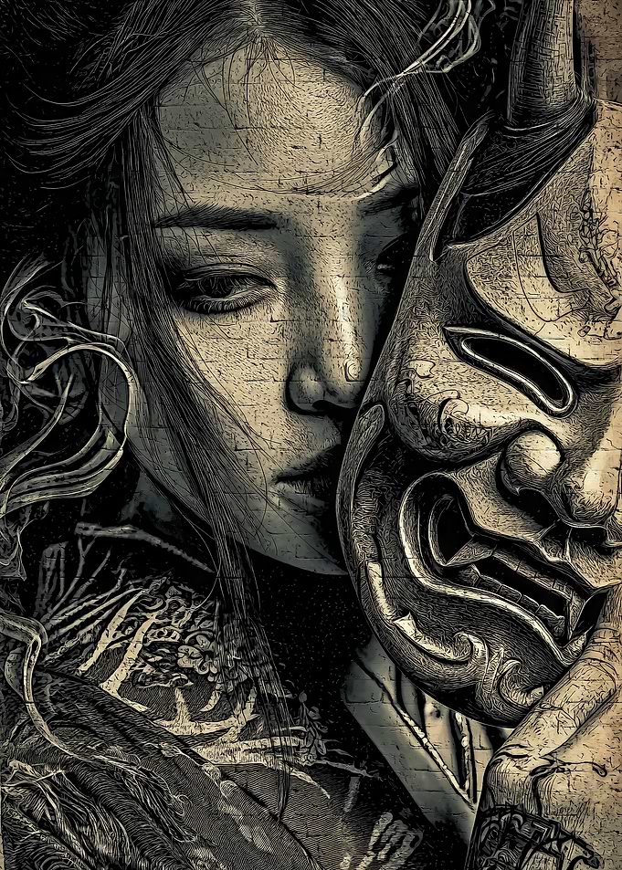 Woman Holding Traditional Japanese Oni Mask