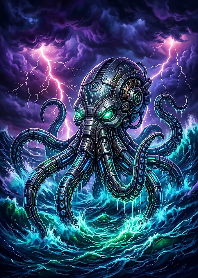 Cybernetic Mechanical Octopus in Stormy Sea. kraken posters