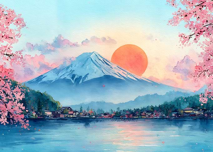 Mount Fuji at Sunset with Cherry Blossoms
