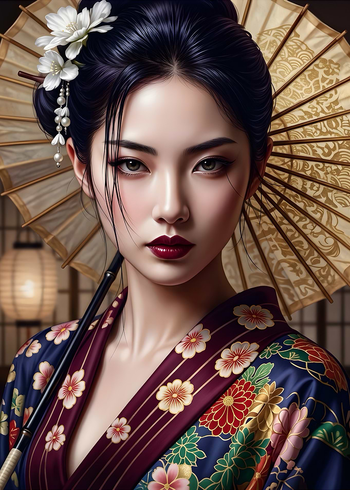 Elegant Geisha with Floral Kimono