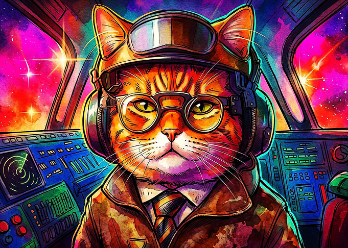 Space Cat Pilot Cosmic Watercolor P