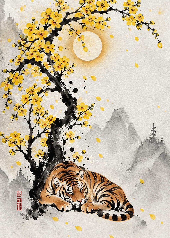 Tiger Resting Under Yellow Blossoms