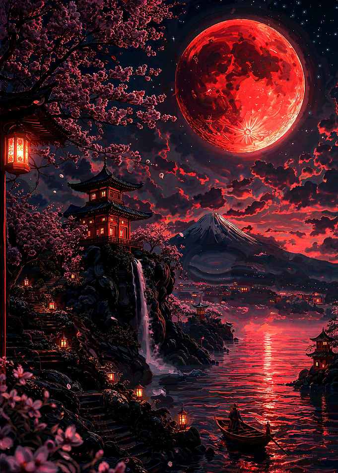 Red Moon Over Japanese Temple Landscape