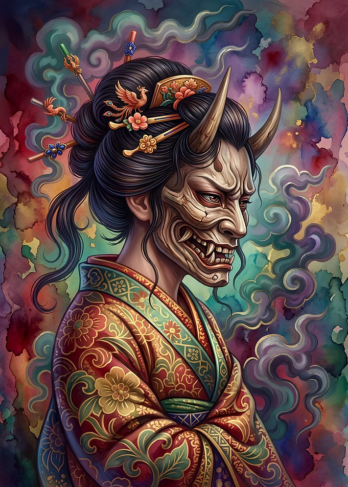 Hannya Mask Geisha Watercolor Portrait