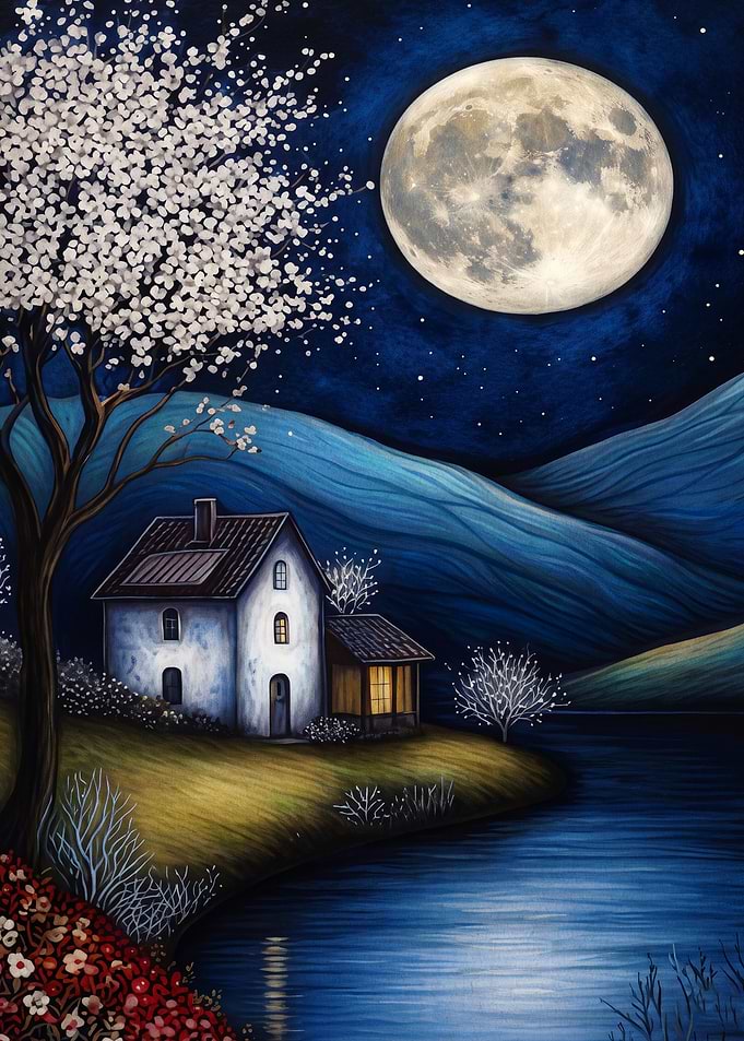 Moonlight House Landscape Art