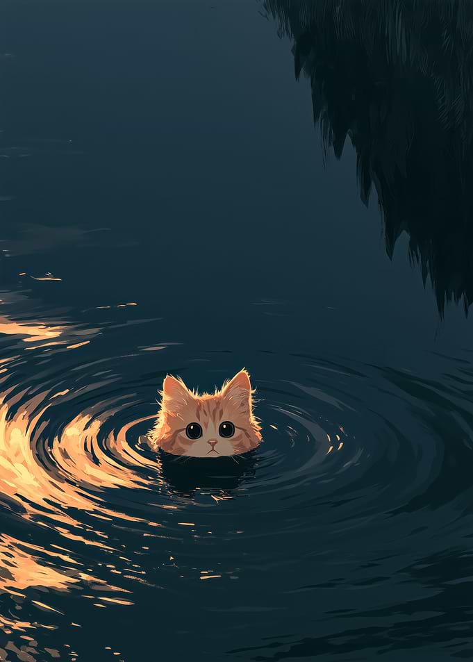Cute Ginger Kitten Swimming in Water