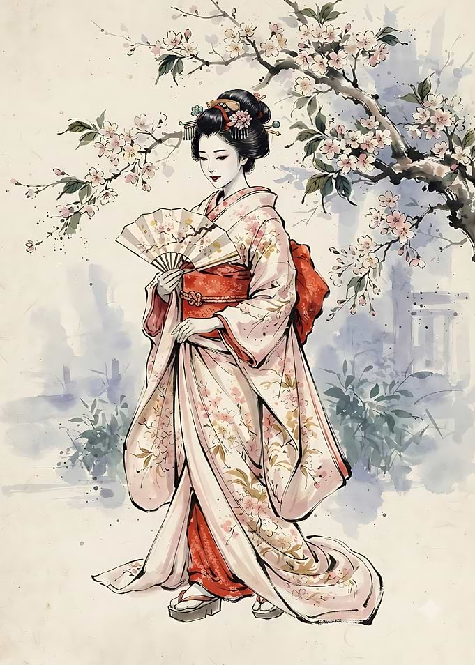 Geisha Standing Under Cherry Blossoms