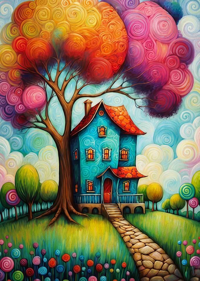 Whimsical House Colorful Tree Art