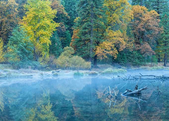 Misty Autumn Forest Lake Reflection