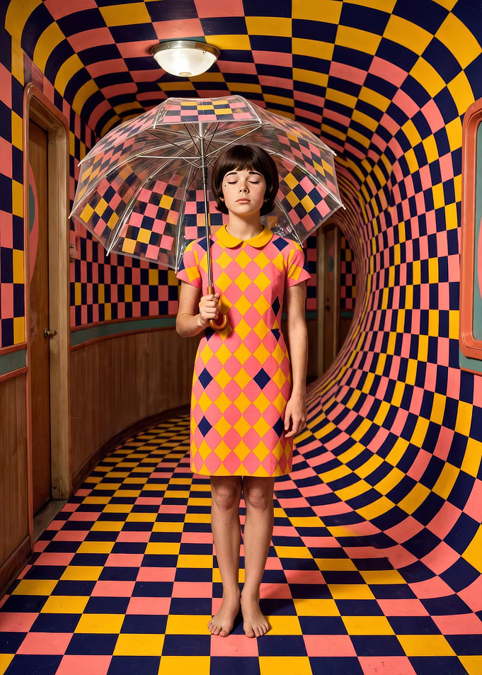 Surreal Girl in Checkerboard Hallway