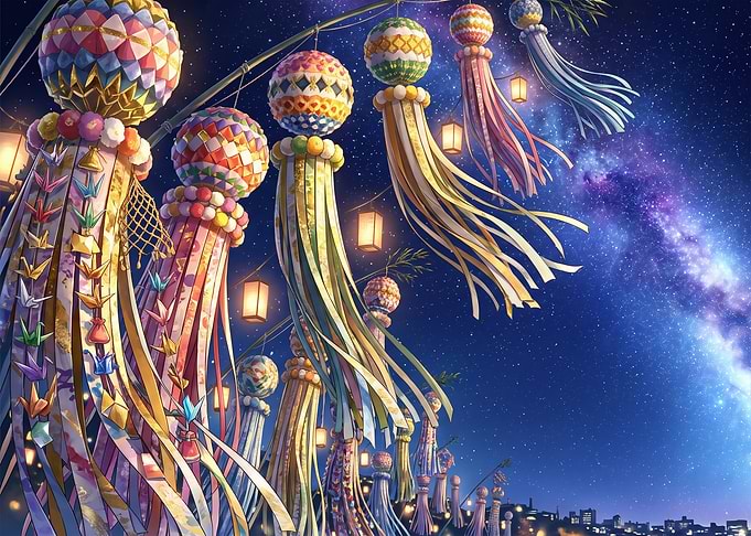 Tanabata Festival Decorations Under Milky Way