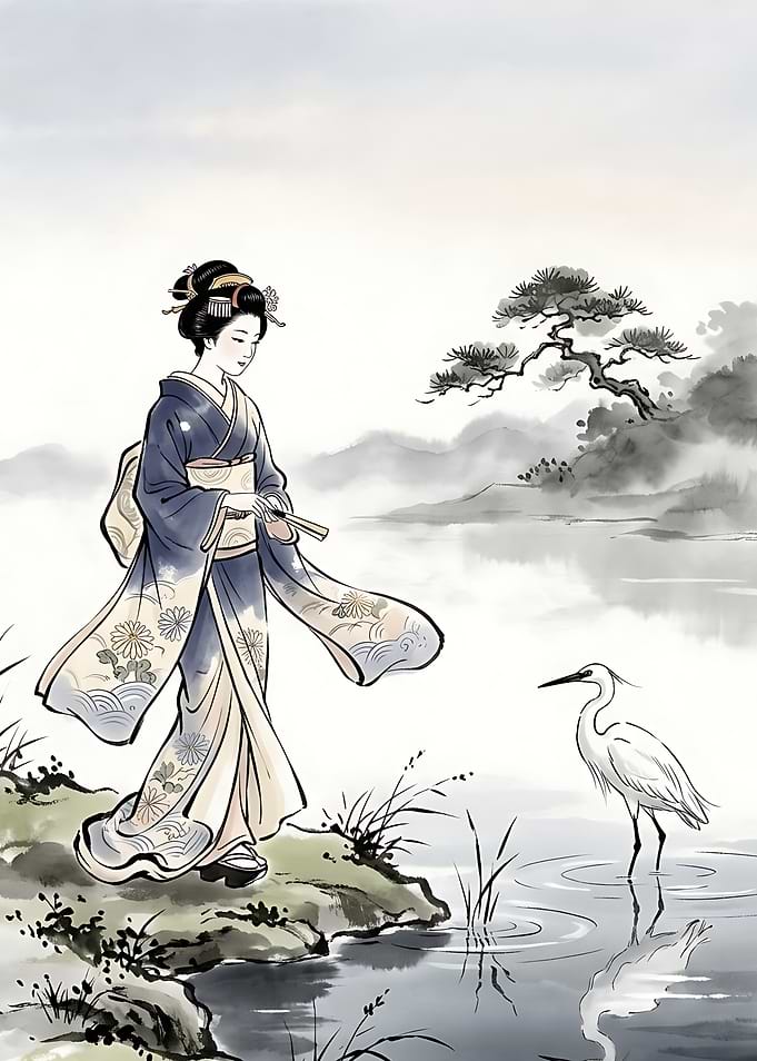 Geisha and Heron by the Water