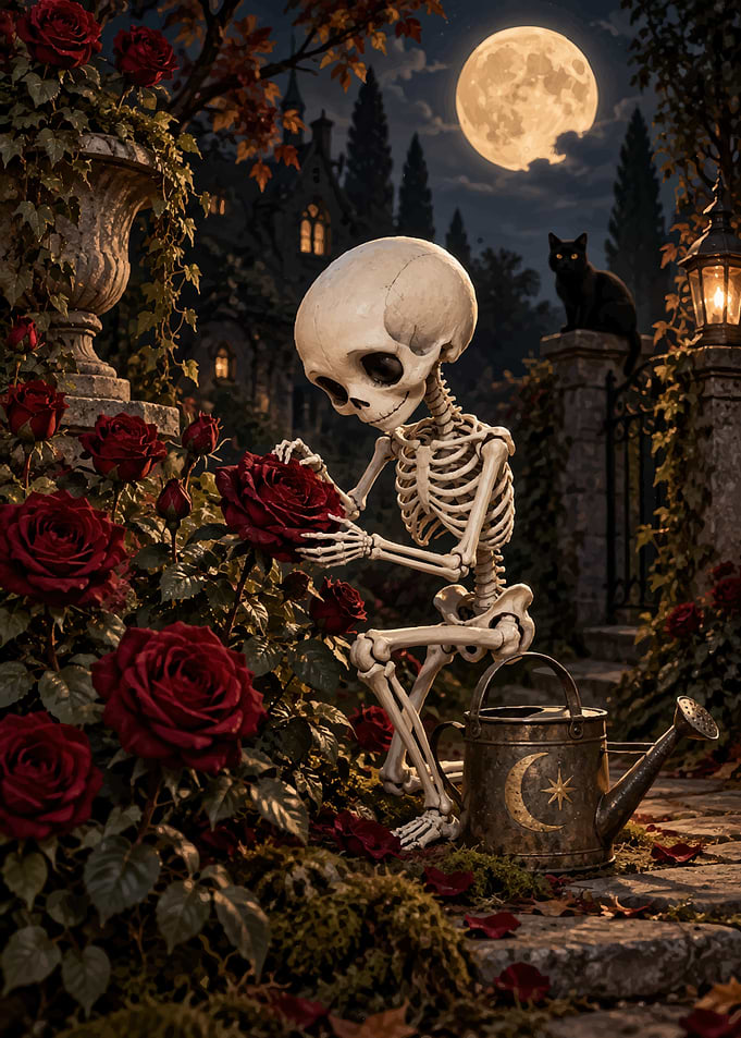 Skeleton Gardener Tending Red Roses