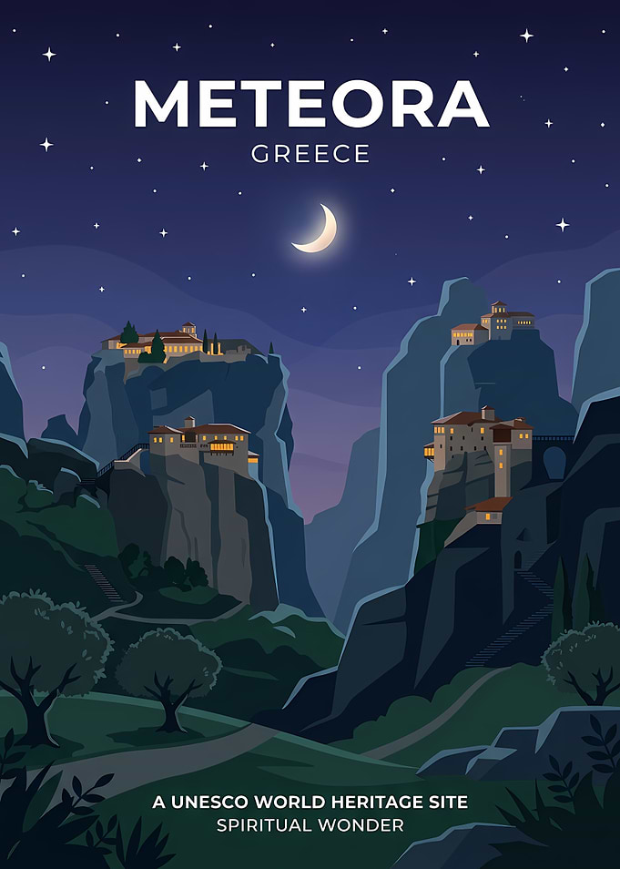 Meteora Greece Night Travel Poster