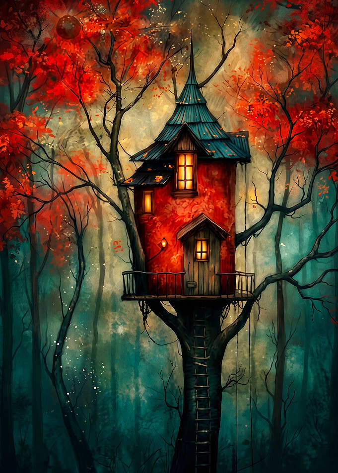 Treehouse Autumn Cabin Fantasy Art