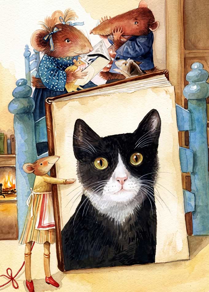 Cat Mouse Reading Watercolor Art
