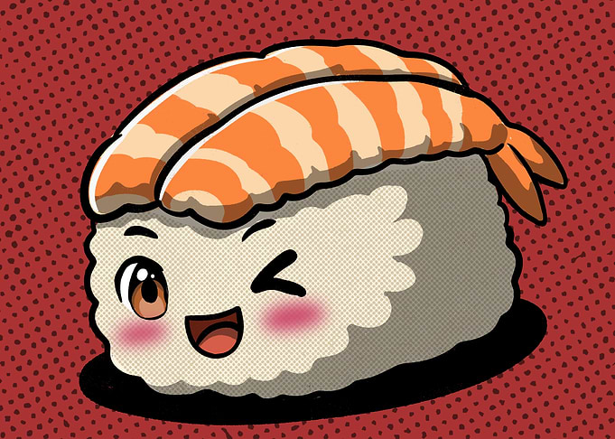 Cute Winking Shrimp Sushi Retro Vintage Style Art