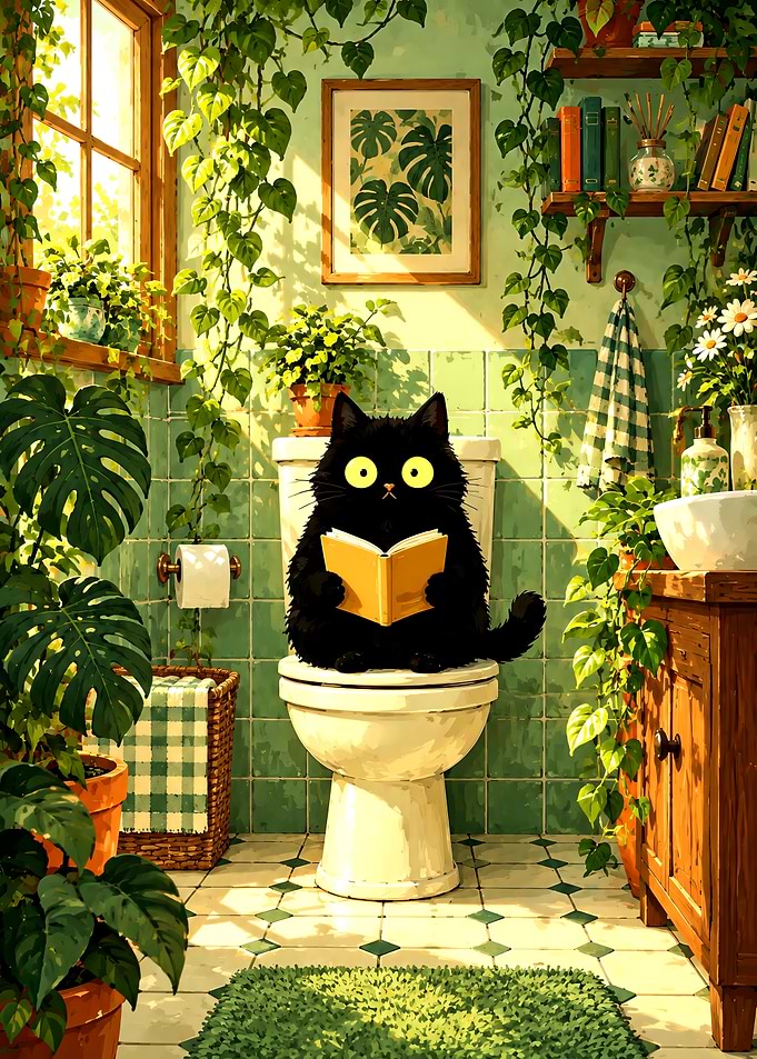 Black Cat Reading on Toilet