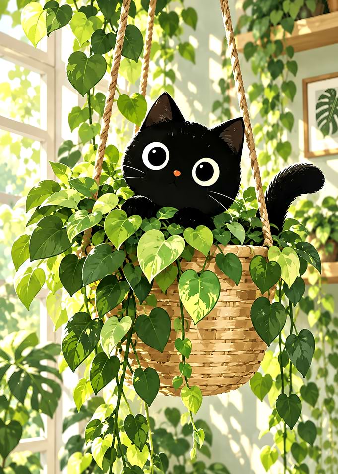 Cute Black Cat in Hanging Planter
