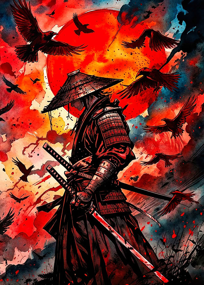 Samurai Crows Red Sun Watercolor