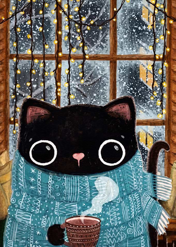 Black Cat Winter Coffee Cozy Art