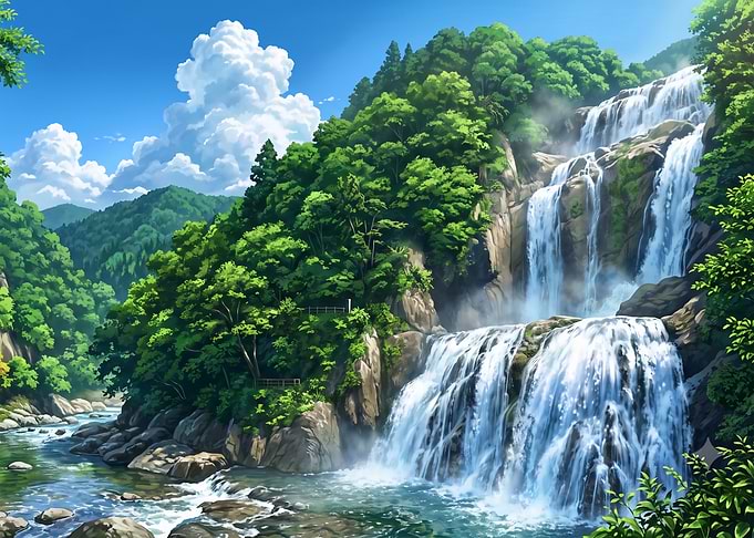 Lush Waterfall in Mountain Landscape