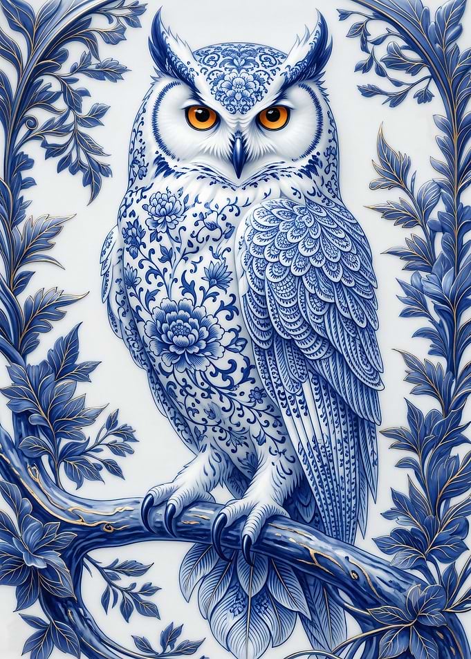 Blue and White Porcelain Style Owl