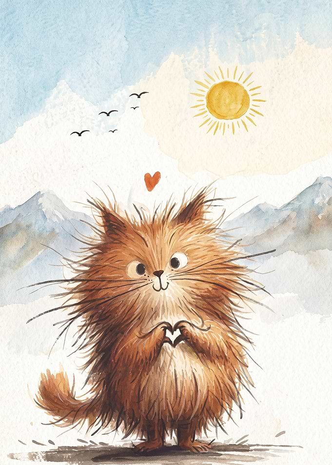 Fluffy Cat Heart Watercolor Art