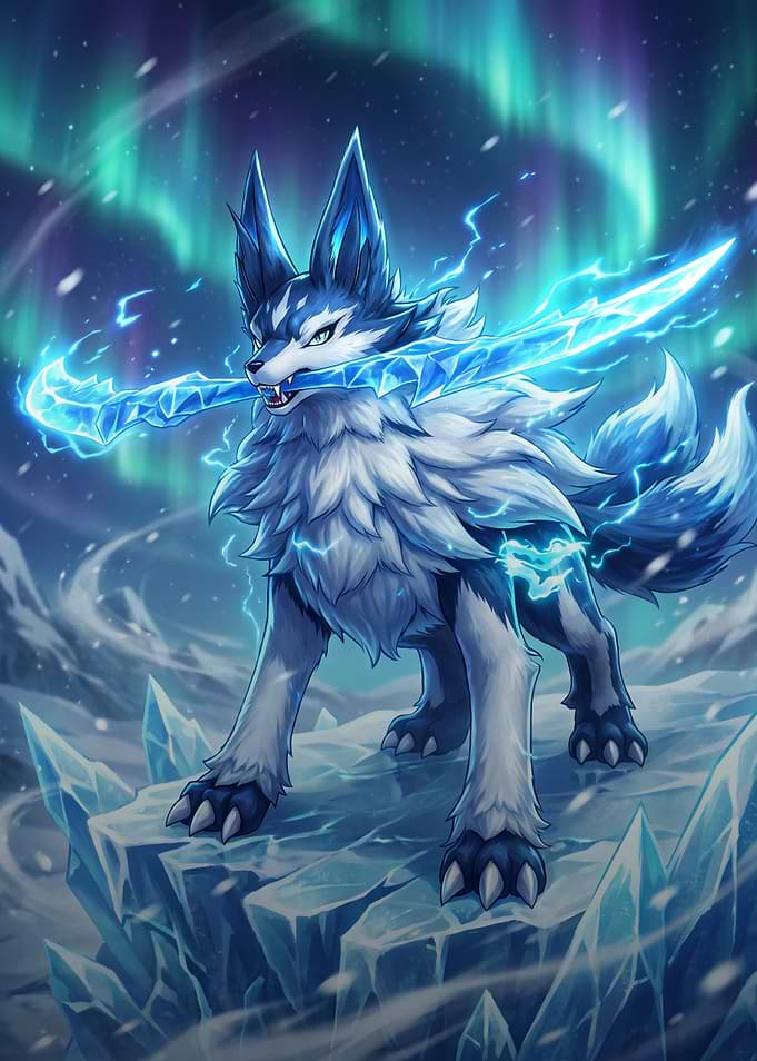 Aniimo Ice Wolf with Glowing Sword