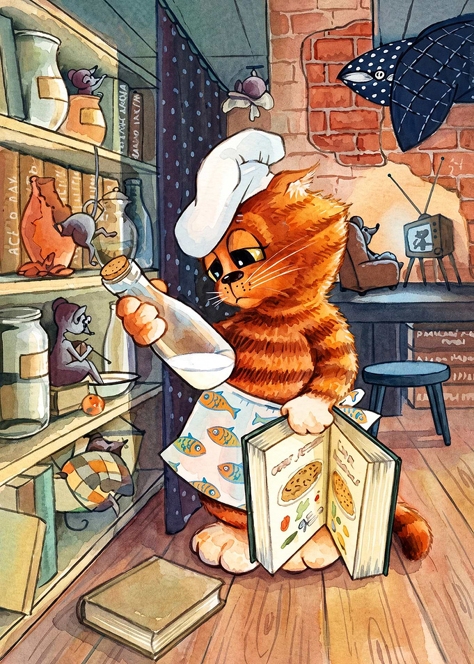 Cat Chef Kitchen Cooking Watercolor