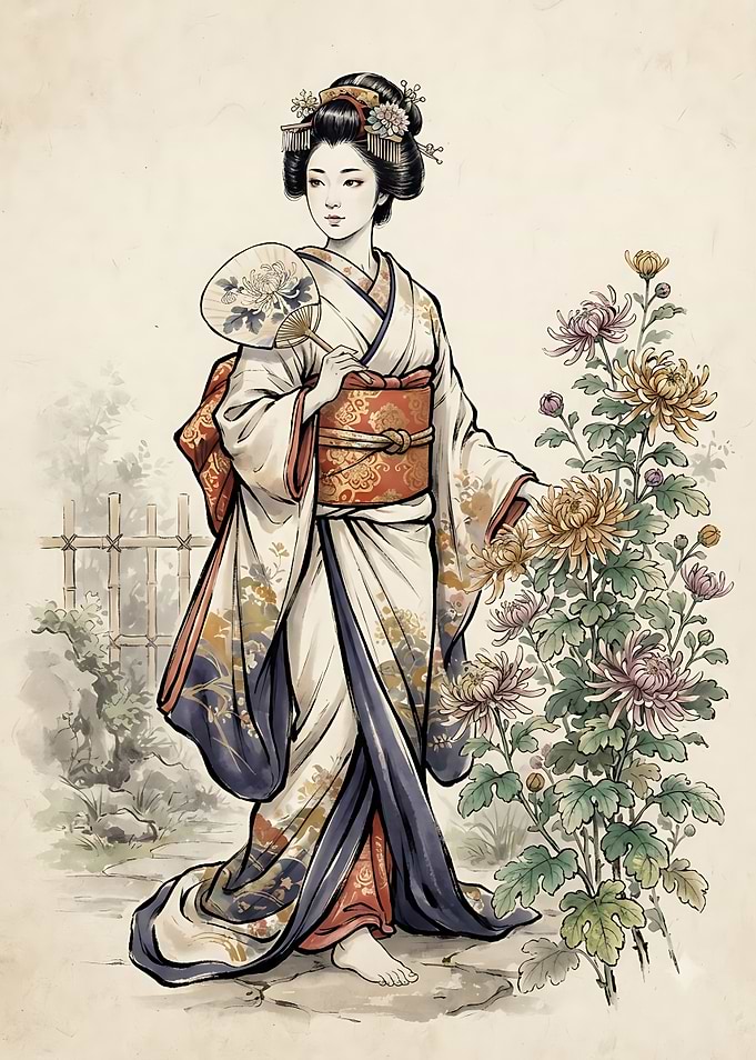 Geisha with Chrysanthemums in Traditional Style