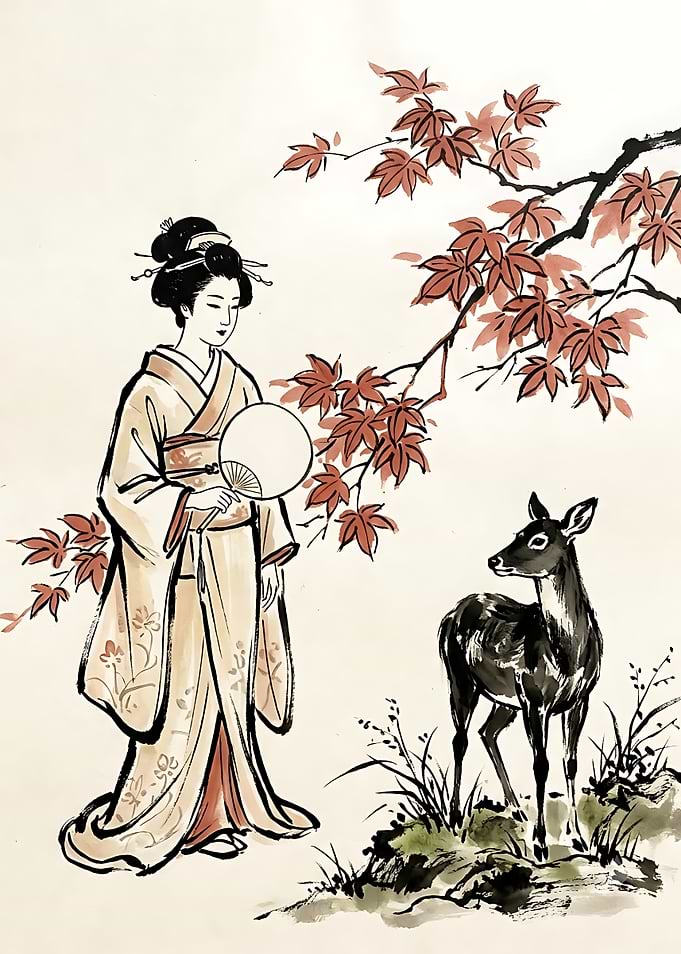 Geisha and Deer in Autumn