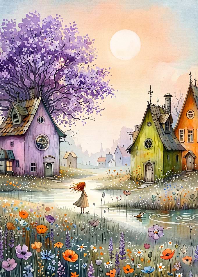 Fantasy Village Watercolor Poster