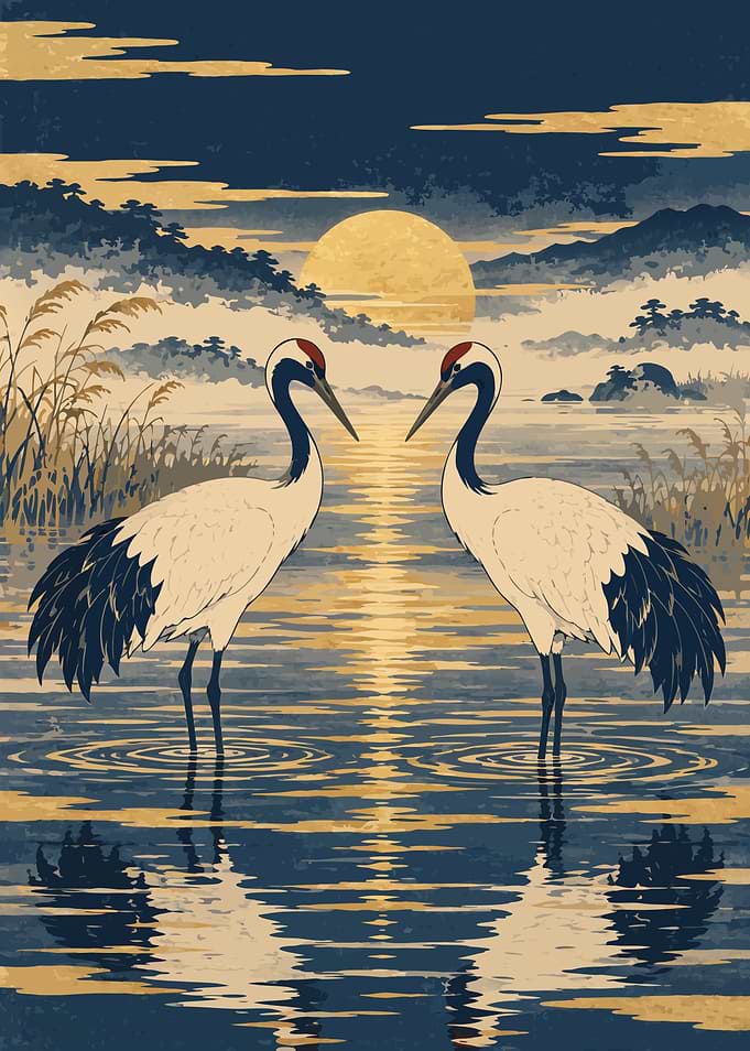 Two Cranes at Golden Dawn — Japanese Woodblock Art Print