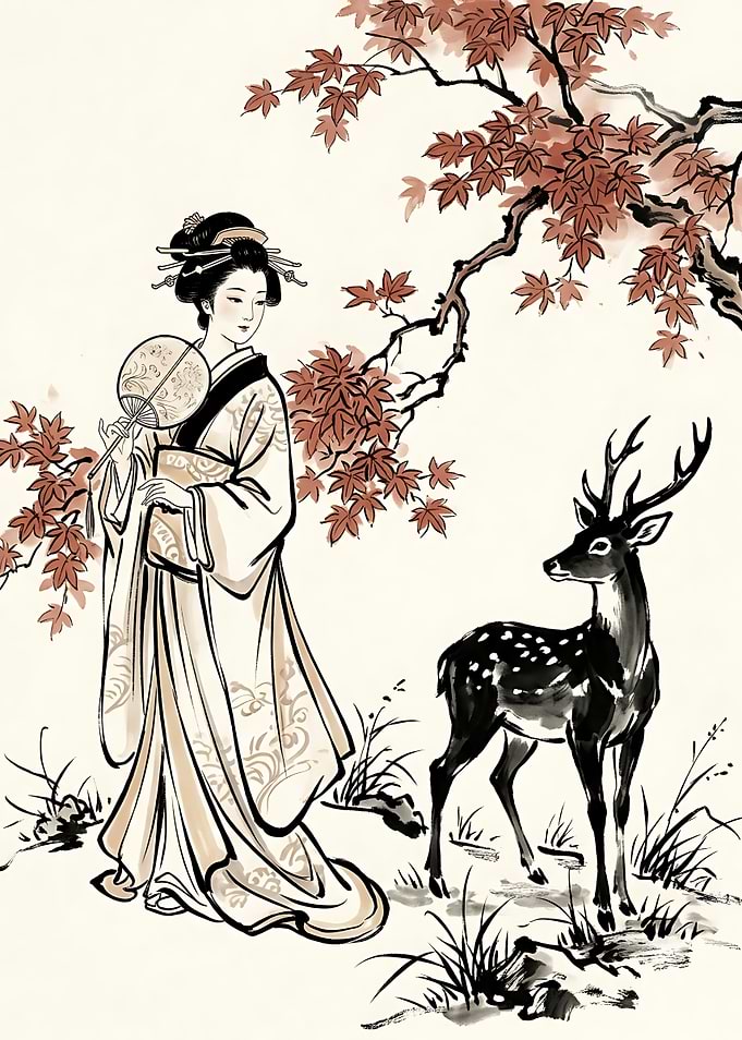 Japanese Woman with Deer and Maples