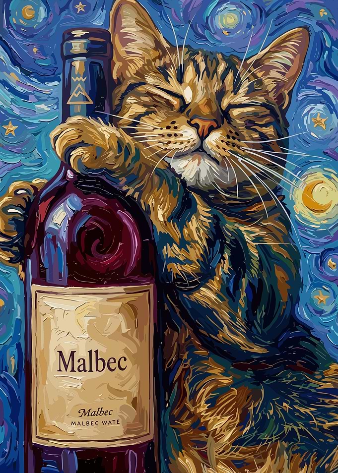 Cat Hugging Malbec Wine Bottle