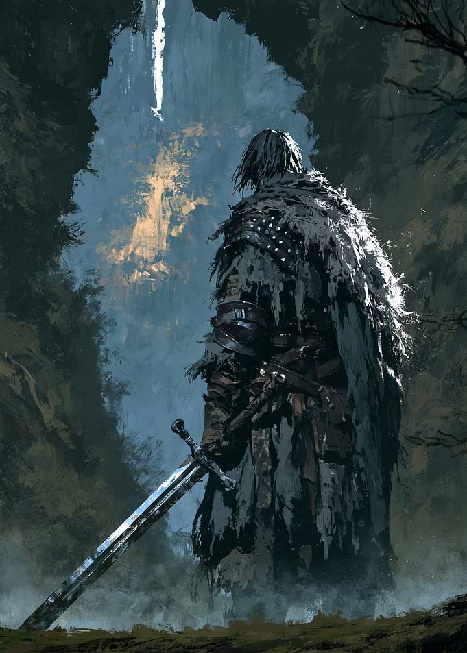 Lone Warrior Standing Before Mountain Pass