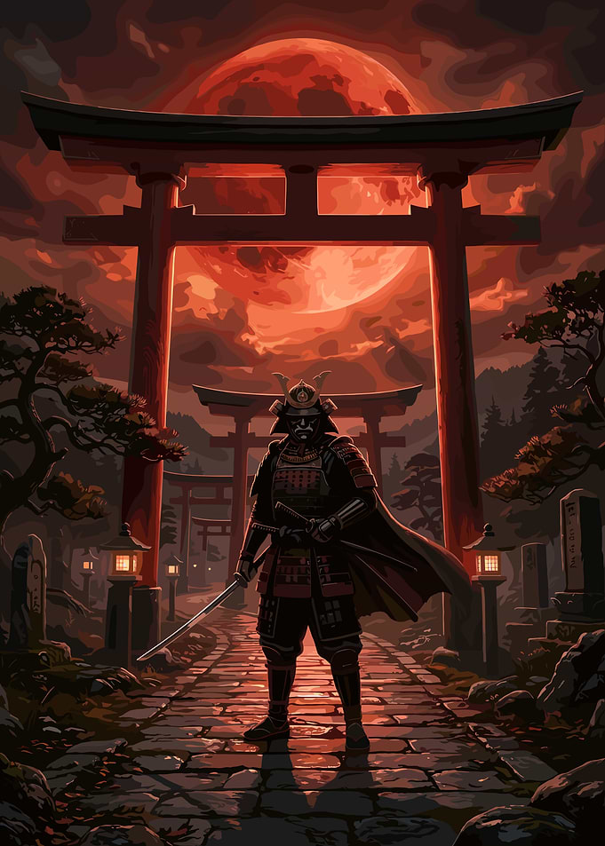 Samurai Standing Under Red Torii Gates
