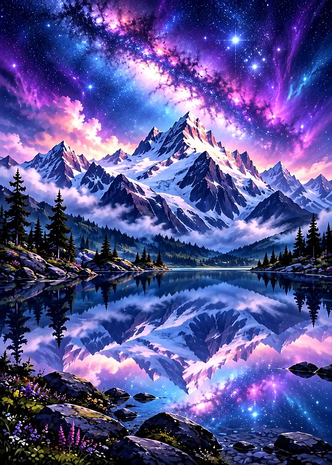Majestic Mountain Lake Under Galaxy Sky