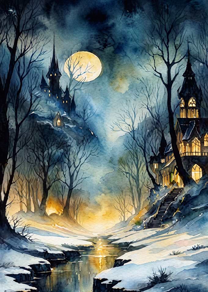 Gothic Castle Moon Watercolor Art