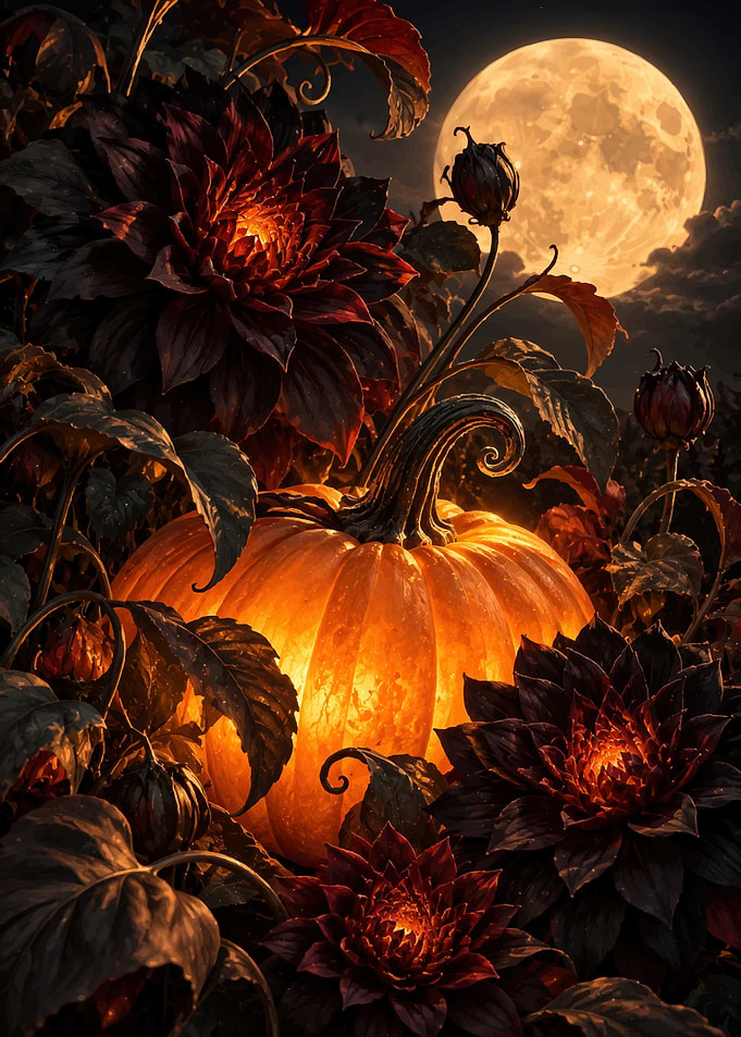 Glowing Pumpkin and Dark Flowers