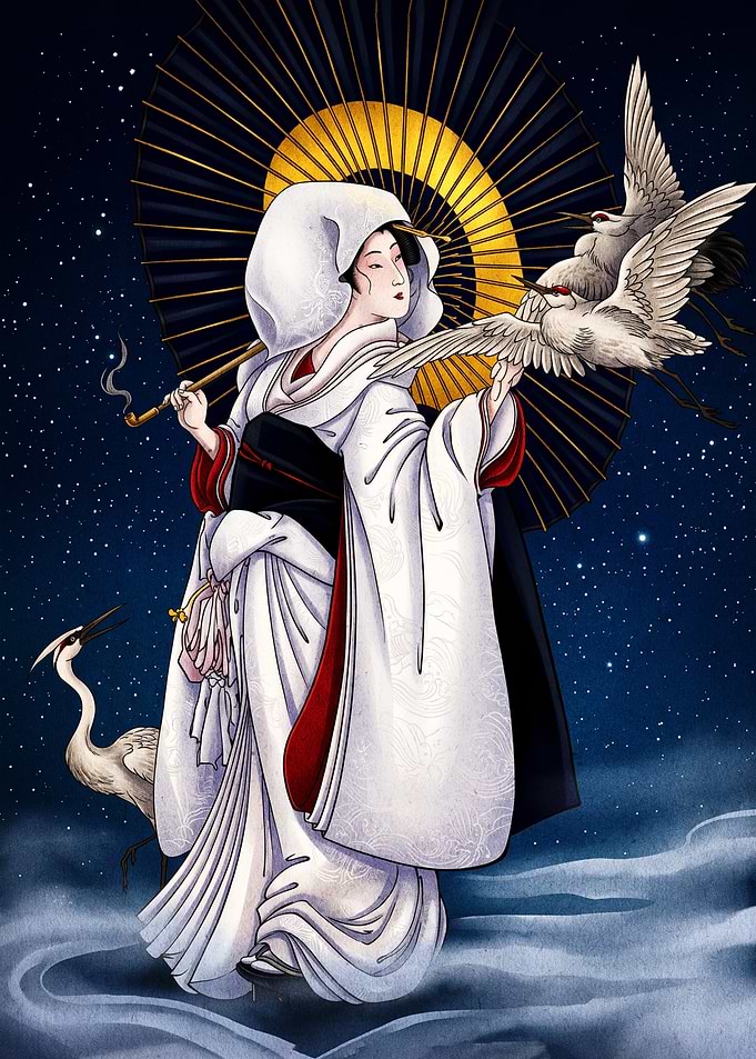 Japanese Bride with Cranes Illustration