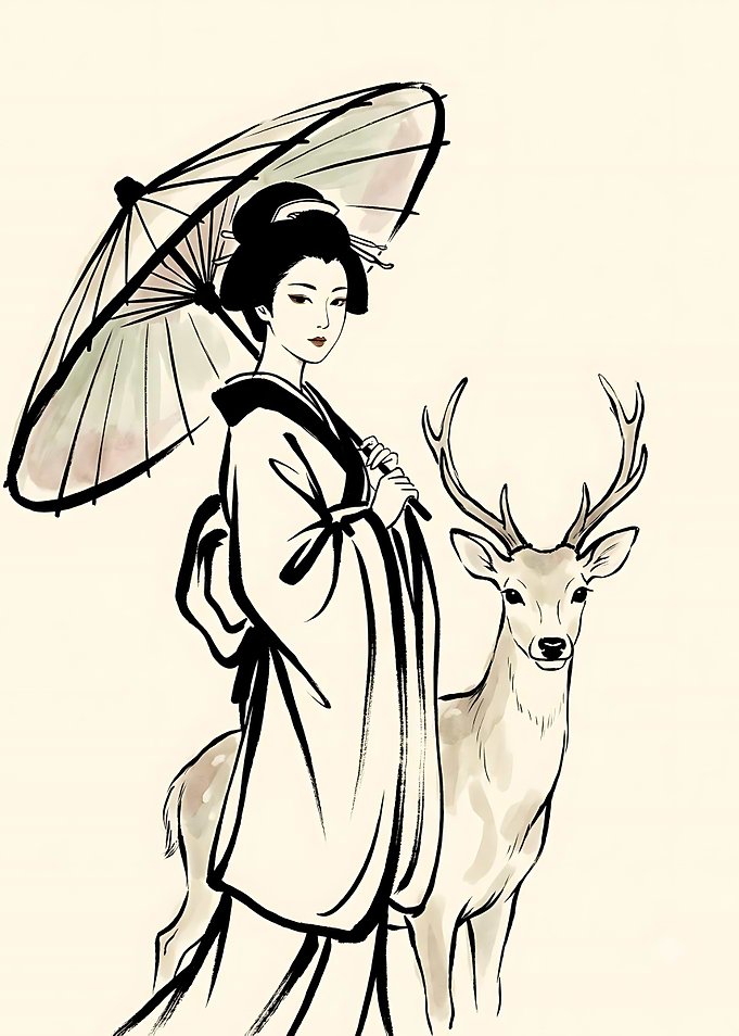 Geisha with Deer Ink Illustration