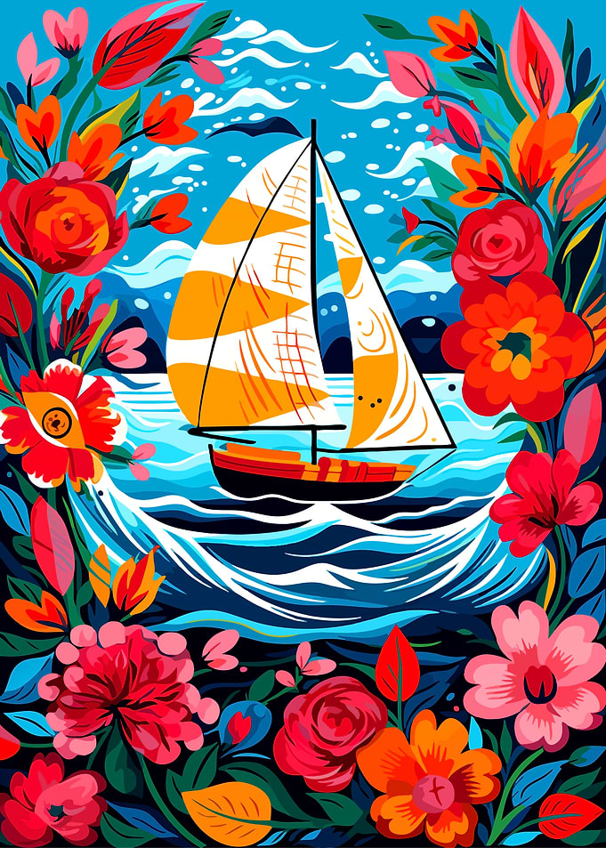 Sailboat Framed by Vibrant Flowers