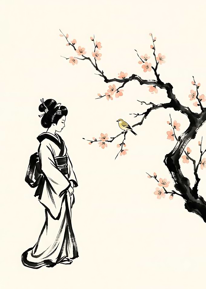 Geisha and Bird by Cherry Blossom
