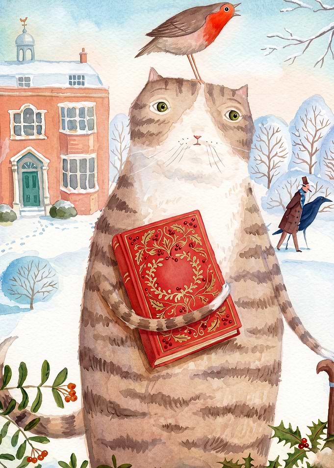 Cat Reading Book Winter Watercolor