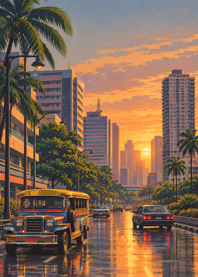 Philippine Jeepney in Golden City Sunset