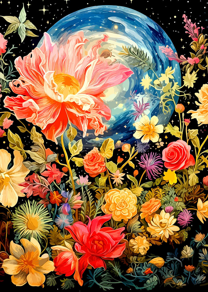 Cosmic Floral Garden Under Moon