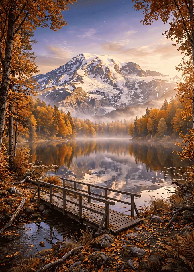 Autumn Mountain Lake with Wooden Bridge